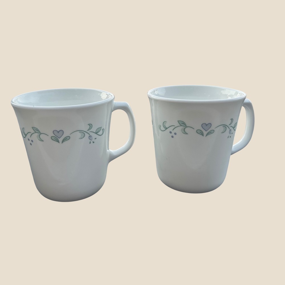 Corning USA English Breakfast Mugs Set of 2 Blue Heart Green Vine Vitrelle White